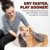 A woman is shown using a Dirty Dog Shammy pet towel on a dog, demonstrating its ability to dry faster than towels.