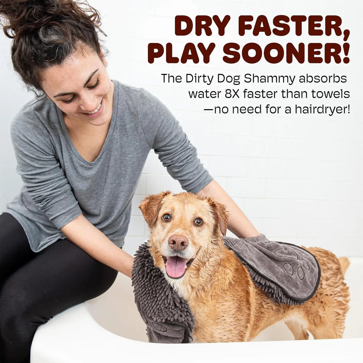 A woman is shown using a Dirty Dog Shammy pet towel on a dog, demonstrating its ability to dry faster than towels.