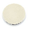 A circular white car polishing wool pad with a textured surface and black edge.