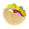 A felt food play set featuring various colored burger and sandwich shapes stacked together.