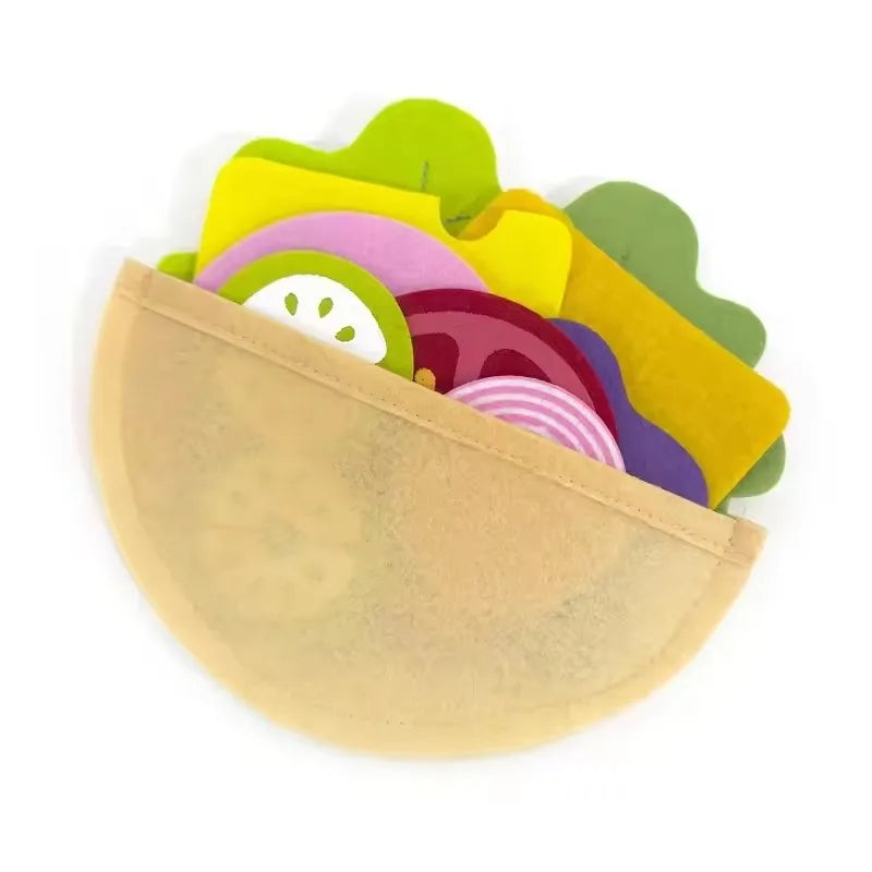 A felt food play set featuring various colored burger and sandwich shapes stacked together.