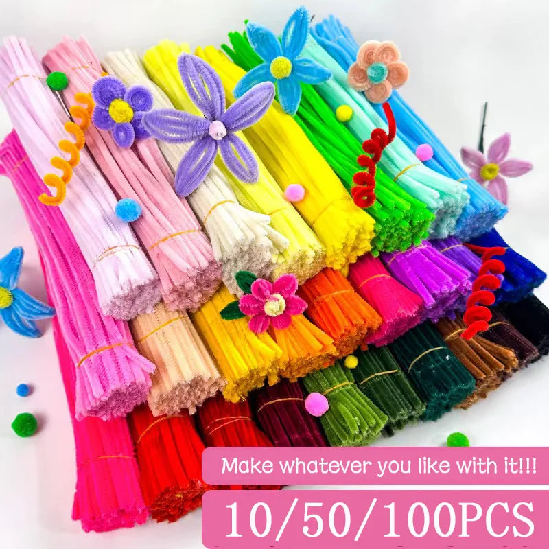 A collection of colorful chenille craft stems in various shades of pink, purple, yellow, green, and blue.
