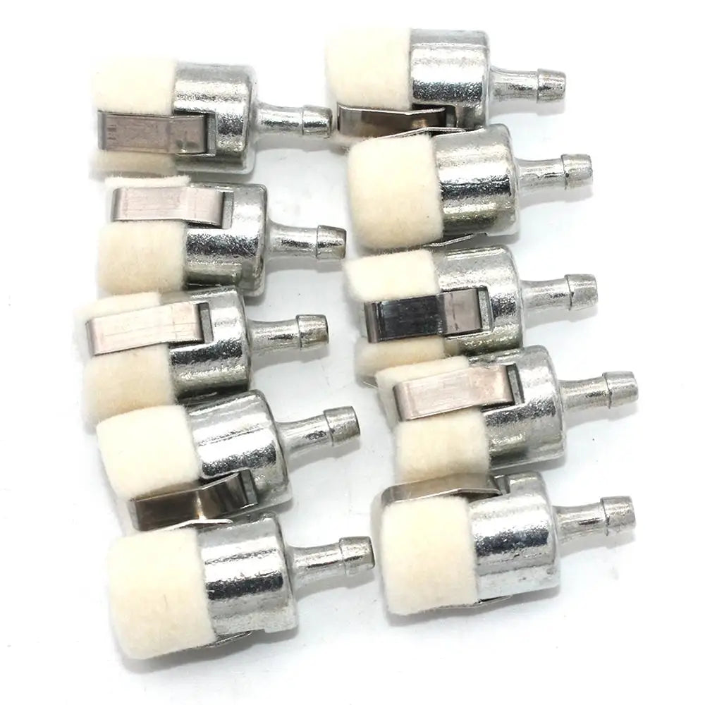 A set of replacement fuel filters for outdoor power equipment, featuring silver and white plastic components.