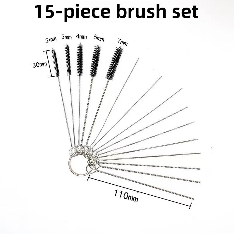 A diagram showing a 15-piece brush set with various sizes of needles and brushes for carburetor cleaning.