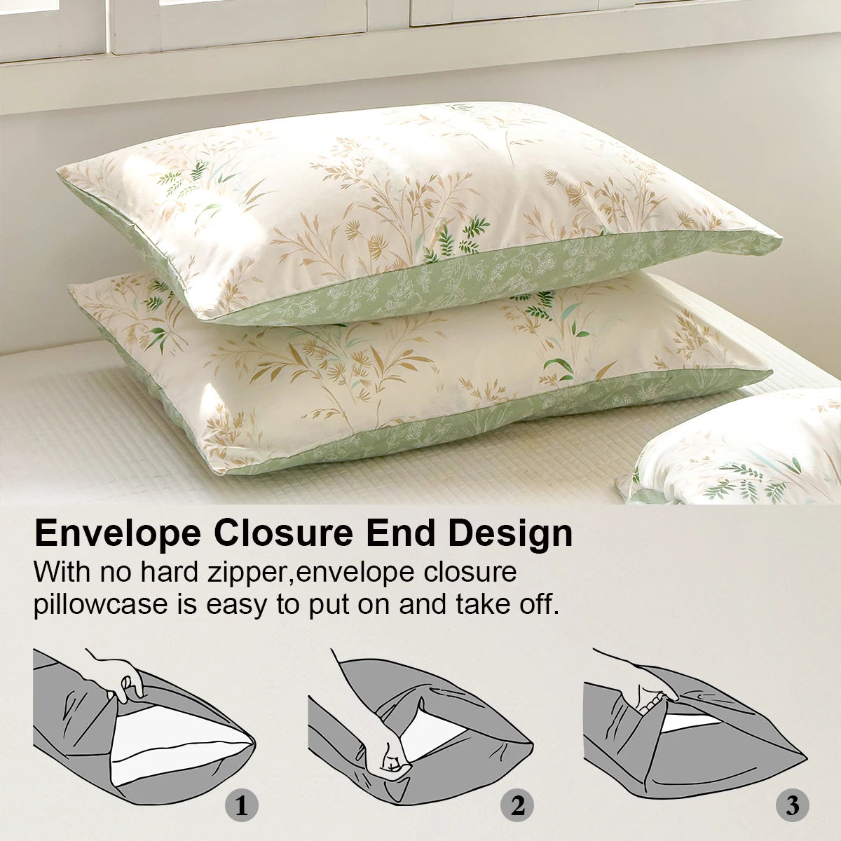 A set of pillowcases featuring an envelope closure end design with floral tea art print fabric.
