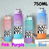 A set of three 750ml portable sports water bottles in pink, purple, green, and blue colors.