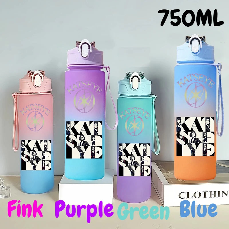 A set of three 750ml portable sports water bottles in pink, purple, green, and blue colors.