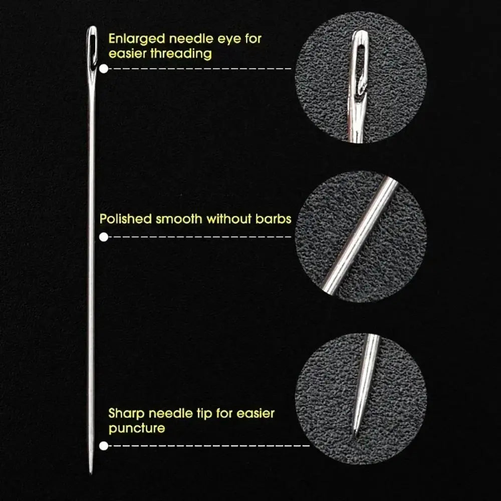 Diagram showing features of a sewing needle including an enlarged eye for threading, polished smooth surface, and a sharp tip