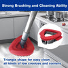 A red triangle-shaped scrubbing brush is shown in a kitchen context, designed for cleaning crevices and corners.