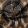 A dark, intricate dreamcatcher design in gold and black tones on a fabric surface.