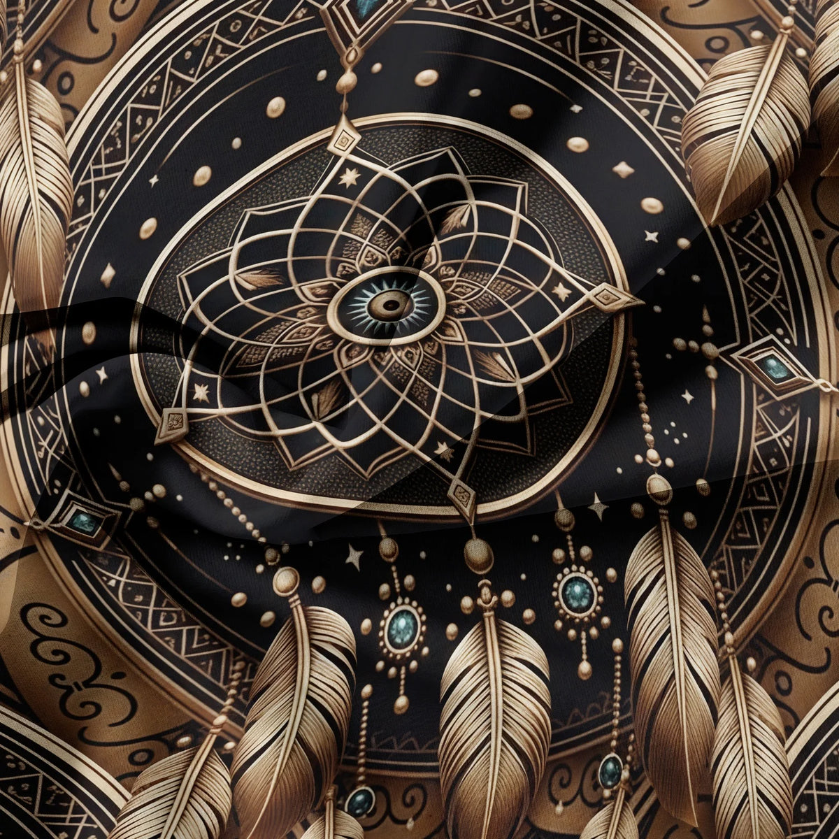 A dark, intricate dreamcatcher design in gold and black tones on a fabric surface.