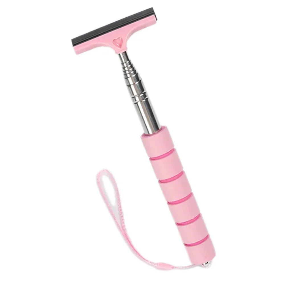 Pink telescopic window cleaning squeegee with an adjustable handle.