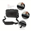 A black rugged waterproof hard case with adjustable straps shown alongside installation steps.