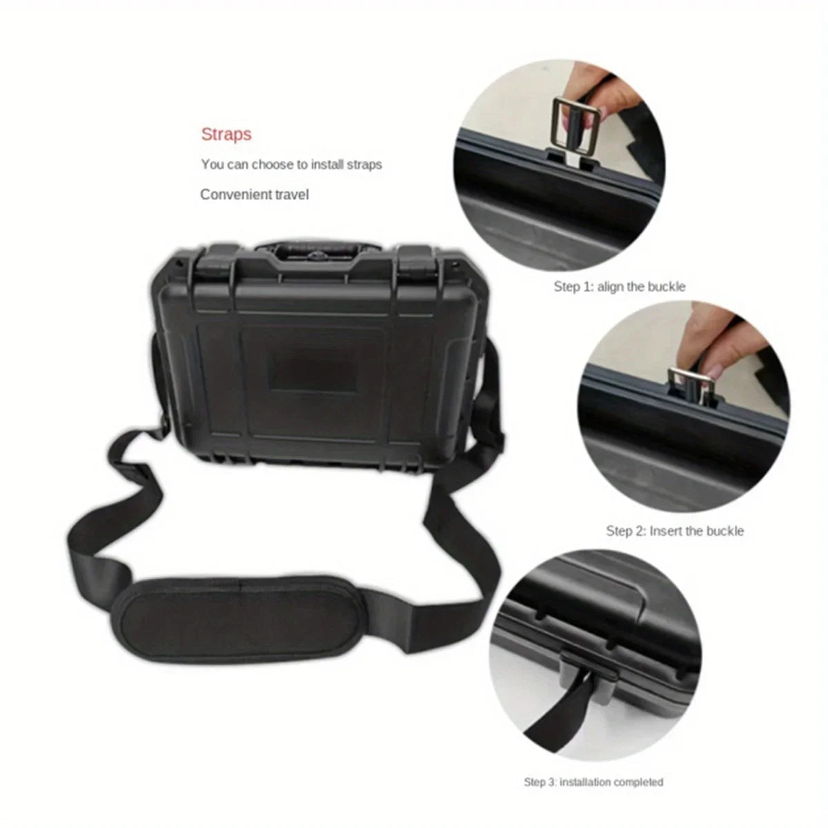 A black rugged waterproof hard case with adjustable straps shown alongside installation steps.