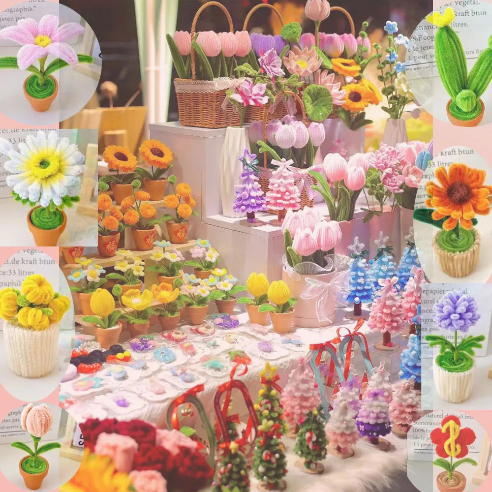 A display of colorful chenille craft stems and floral arrangements for DIY projects.