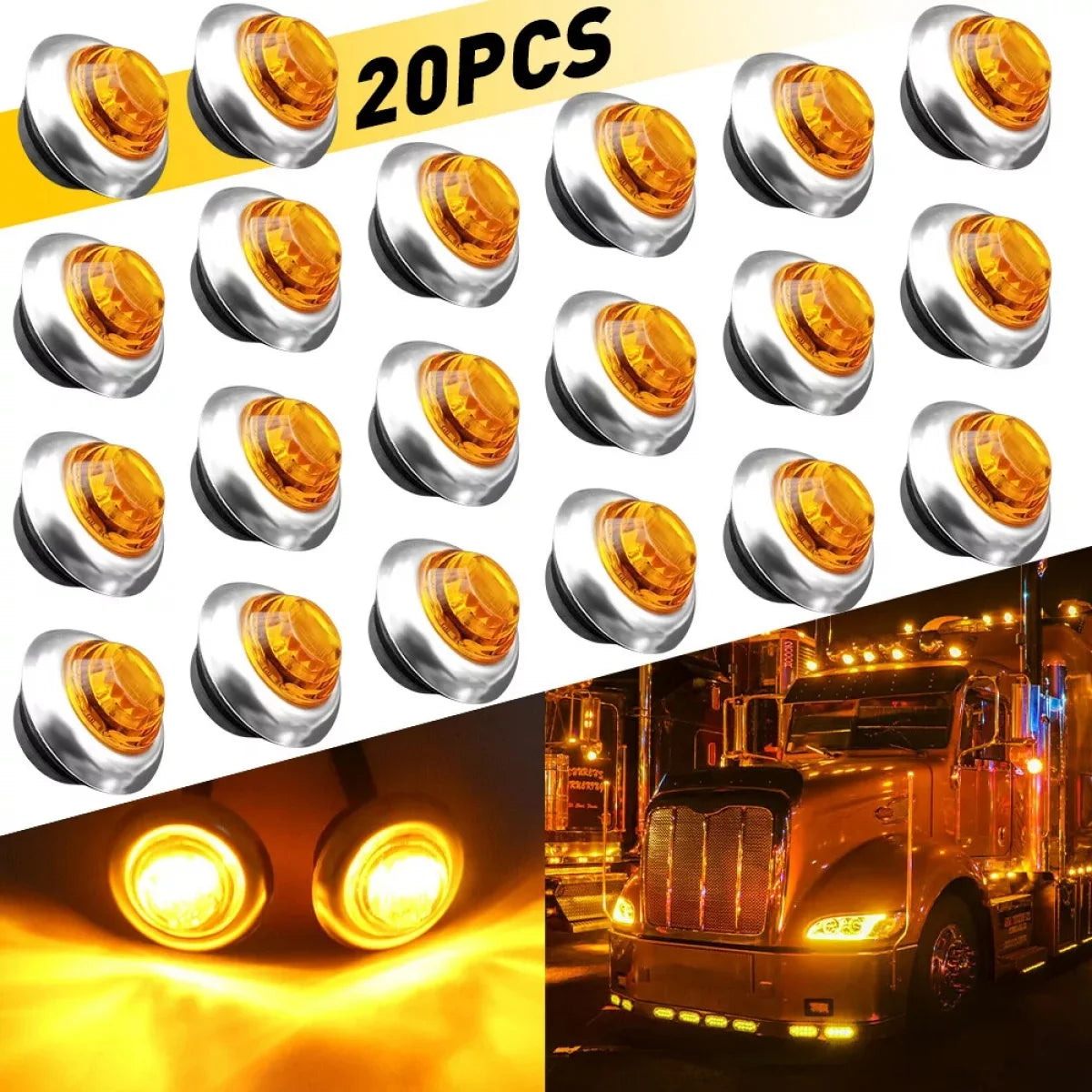 3/4 Inch Round Amber LED Side Marker Lights with Chrome Bezel (Set of 20)