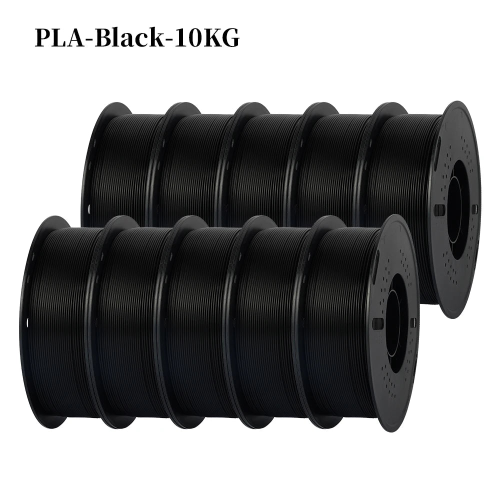 A bundle of ten black PLA filaments, each 10KG, packaged in spools for 3D printing.