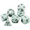 A set of seven polyhedral dice, including d6s and d8s, scattered on a white background.