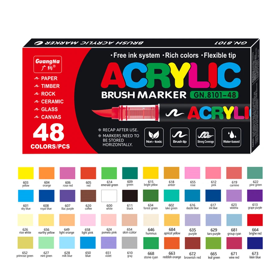 Karton mit 48 Acryl-Brush-Markern in verschiedenen Farben wie blau, grün, gelb und rot.