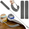 A retractable microfiber gap cleaning duster with a flexible head shown in various forms and usage.