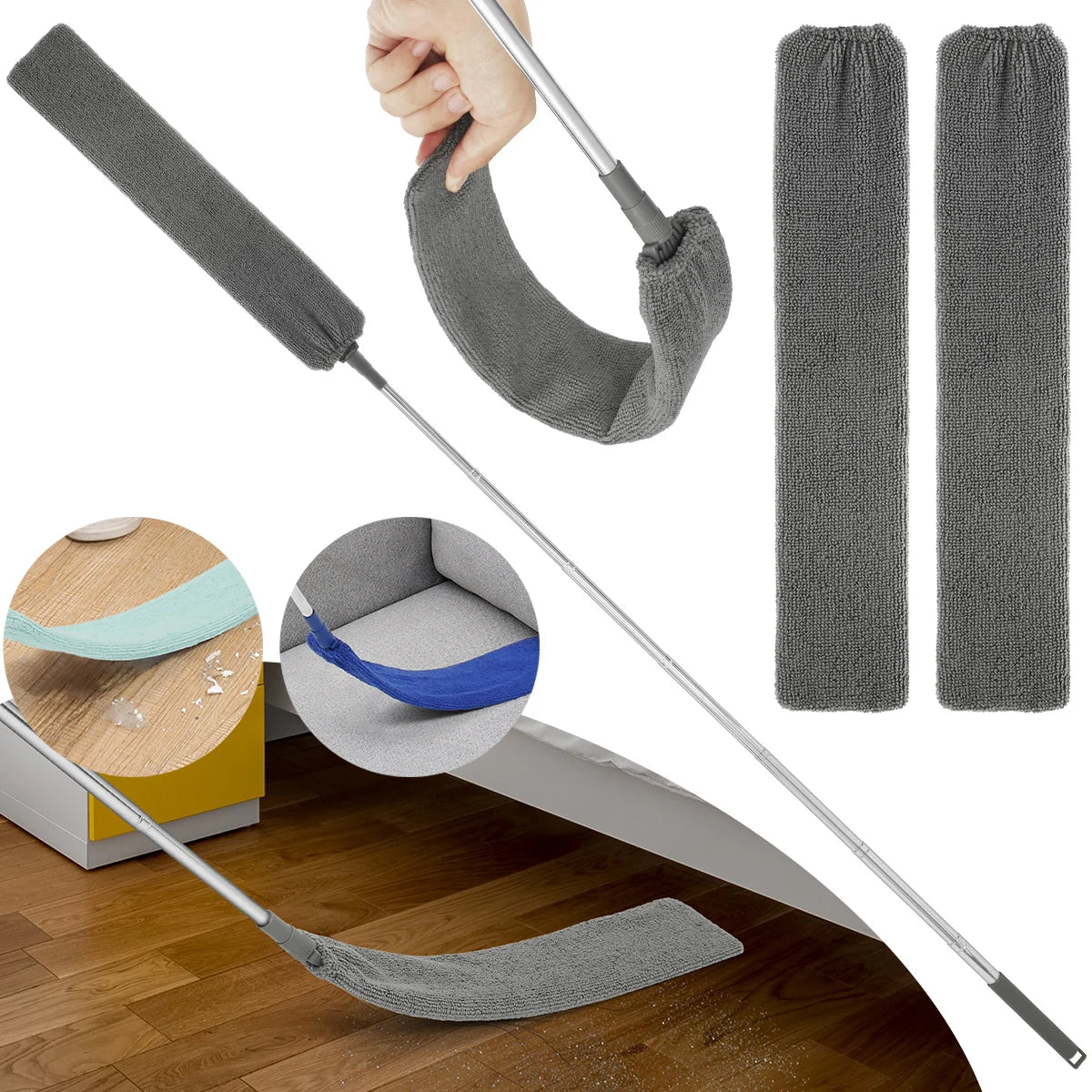 A retractable microfiber gap cleaning duster with a flexible head shown in various forms and usage.