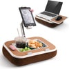 A black phone stand and lap desk setup featuring a laptop, mouse, and a glass of drink on a wooden tray.
