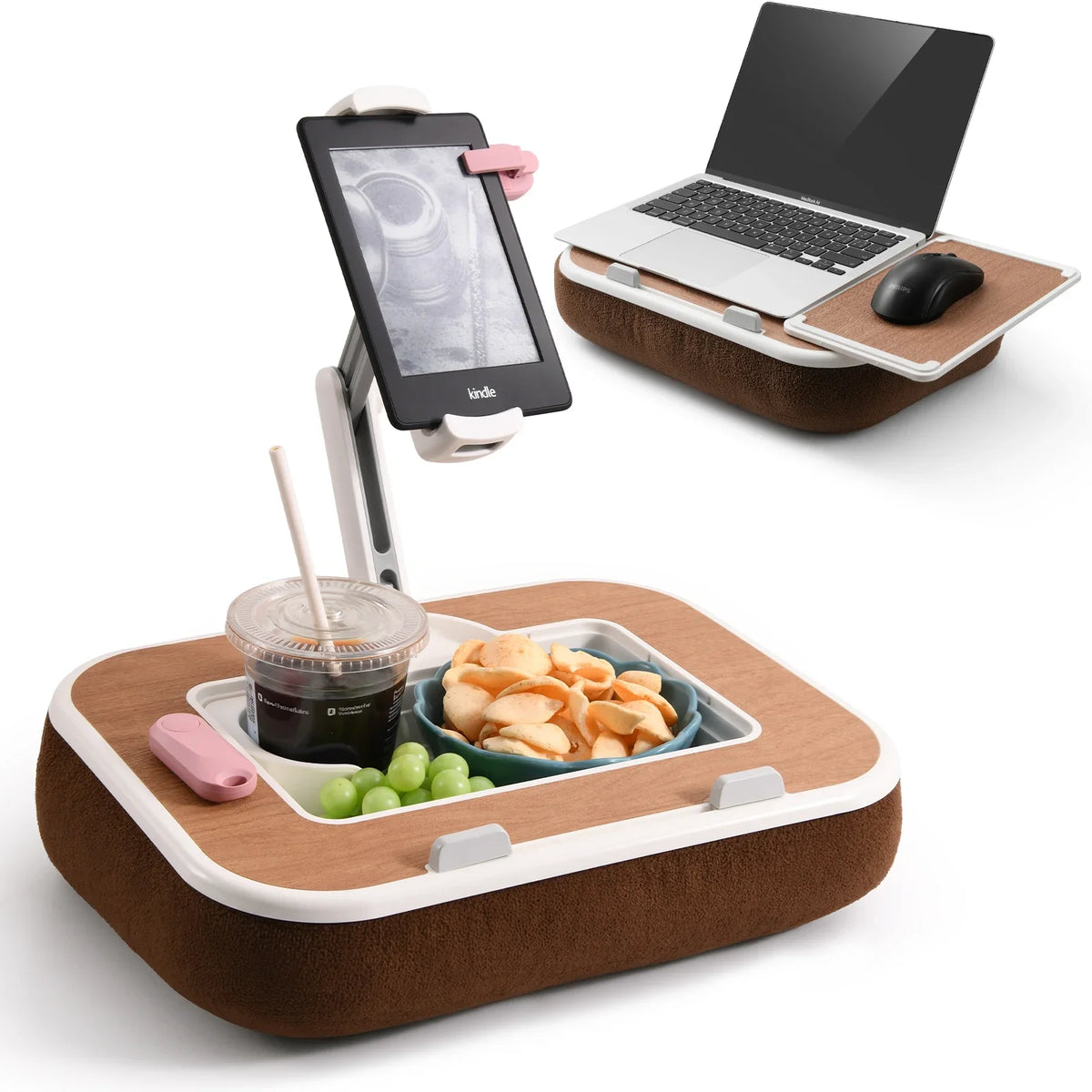 A black phone stand and lap desk setup featuring a laptop, mouse, and a glass of drink on a wooden tray.