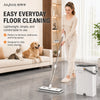 A woman is using a lightweight flat mop and bucket set for everyday floor cleaning in a modern living space.