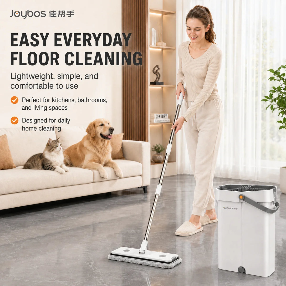 A woman is using a lightweight flat mop and bucket set for everyday floor cleaning in a modern living space.