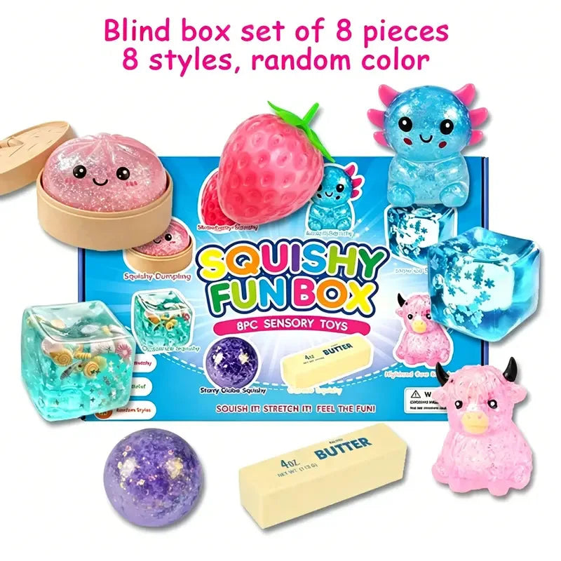 Blindbox-Set mit 8 weichen Sensorspielzeugen in Fruchtformen und einem rosa Dinosaurier in verschiedenen Farben