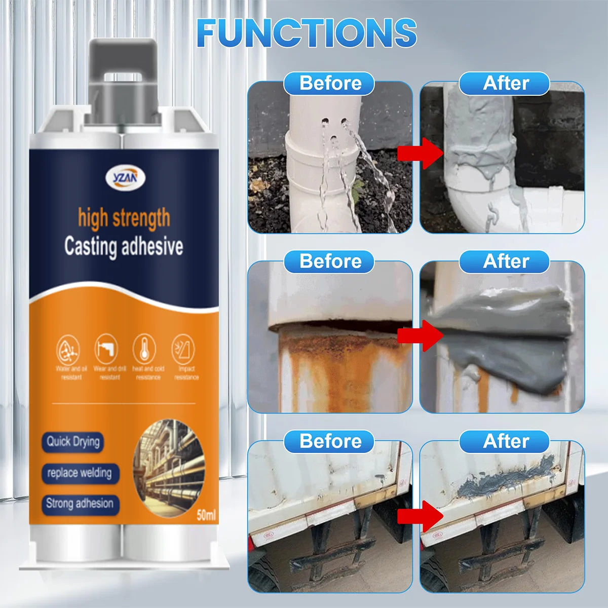 A bottle of high strength casting adhesive with before and after application demonstrations for various uses.
