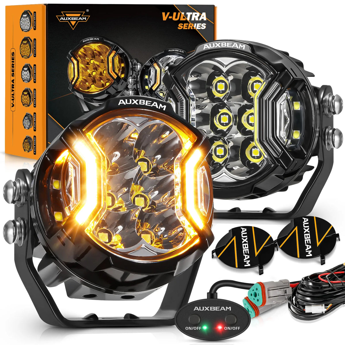 A set of Auxbeam V-Ultra series LED driving lights with amber DRL and side shooter components.