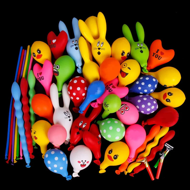 A collection of colorful 3D cartoon animal balloons, including yellow, green, and red shapes, for party decorations.