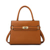 A tan leather handbag with a top handle and matching coin purse.