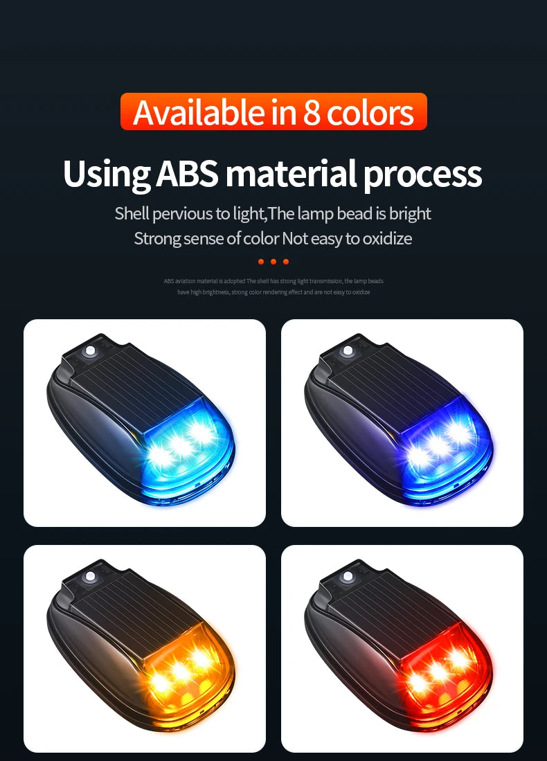 A set of eight solar-powered strobe lights made from ABS material, shown in various colors and angles.