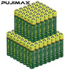 A grid of green and yellow heavy duty disposable AA and AAA dry cell batteries.