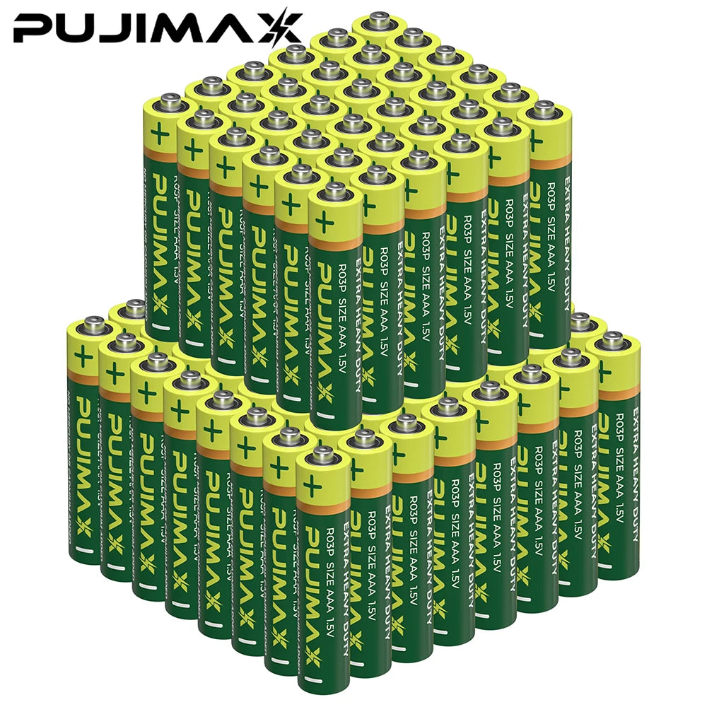 A grid of green and yellow heavy duty disposable AA and AAA dry cell batteries.