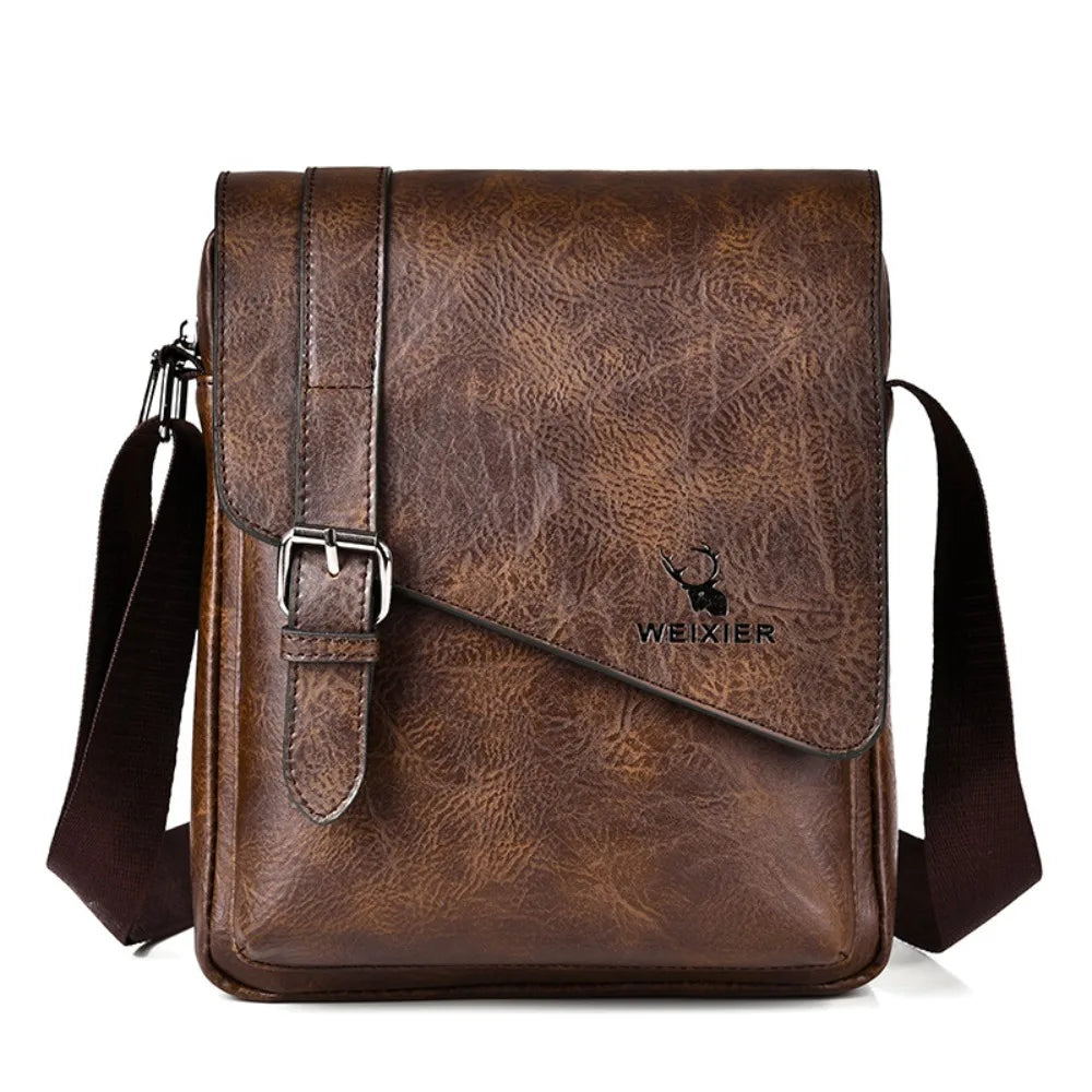 Brown vintage PU leather messenger bag for men with an adjustable strap.