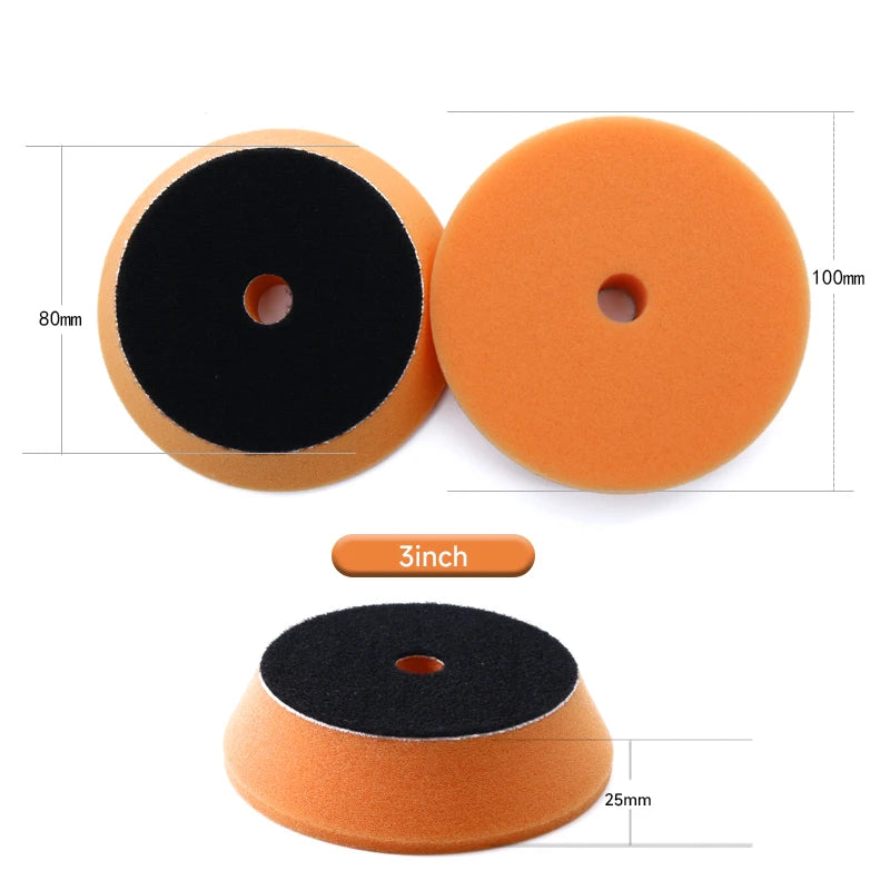 Two round orange foam polishing pads, one 80mm and one 100mm in diameter.