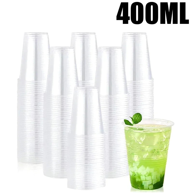 A set of clear plastic cups with lids for serving cold drinks like bubble tea or coffee.