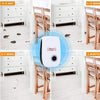An ultrasonic pest repeller device is shown in various contexts, including near furniture and in a room.