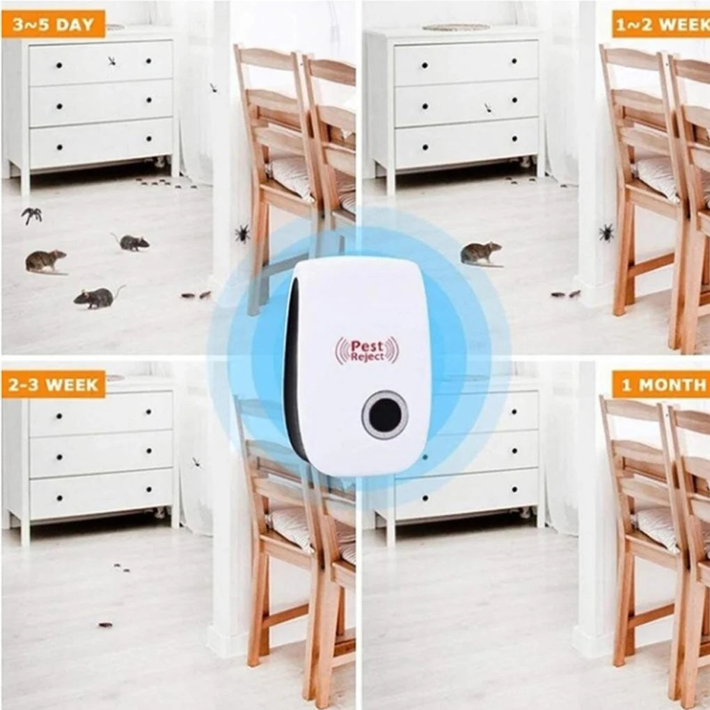 An ultrasonic pest repeller device is shown in various contexts, including near furniture and in a room.