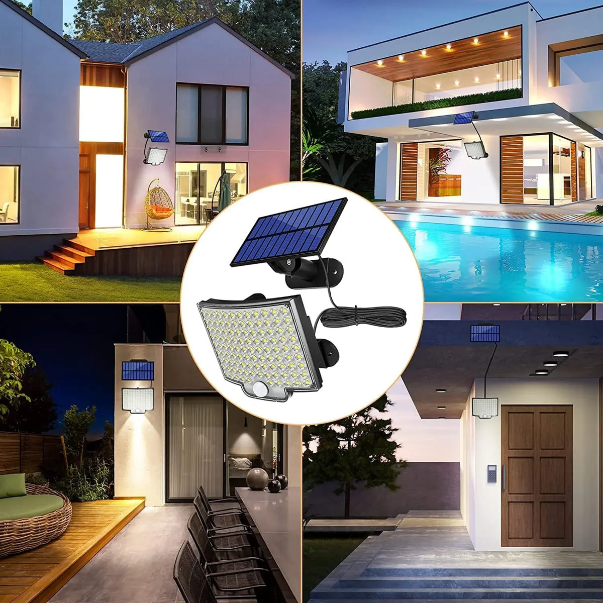 A solar powered motion sensor flood light with a detachable panel illuminating an outdoor area.