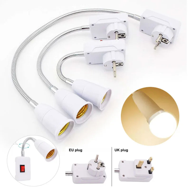 White E27 lamp holder extension adapter with on off switch and plug adapters for various regions