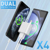 A dual USB wall charger is shown charging a smartphone and a tablet simultaneously.