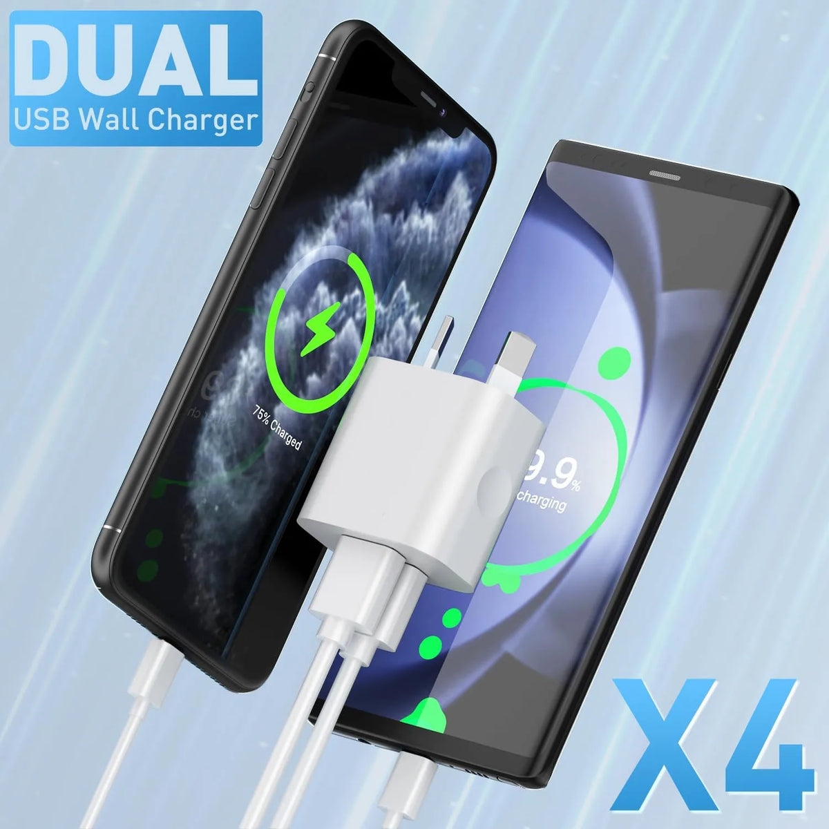 A dual USB wall charger is shown charging a smartphone and a tablet simultaneously.