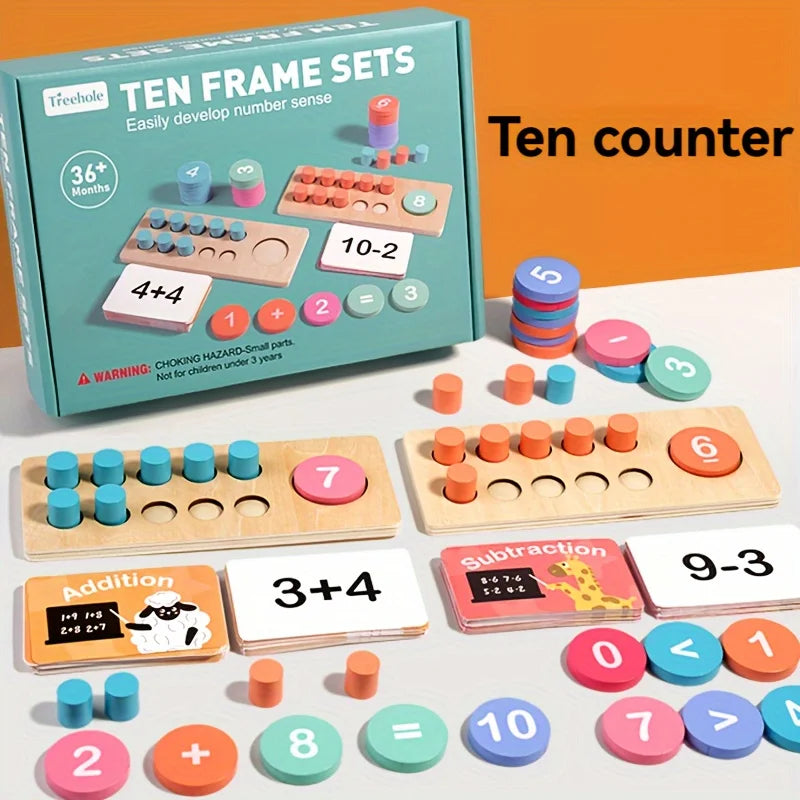 A set of ten frame number cards and arithmetic block cards for teaching addition and subtraction to children.