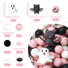 Eine Sammlung von schwarz-pinken Halloween-Silikonperlen, darunter Geister, Fledermäuse und runde Formen für DIY-Schmuck