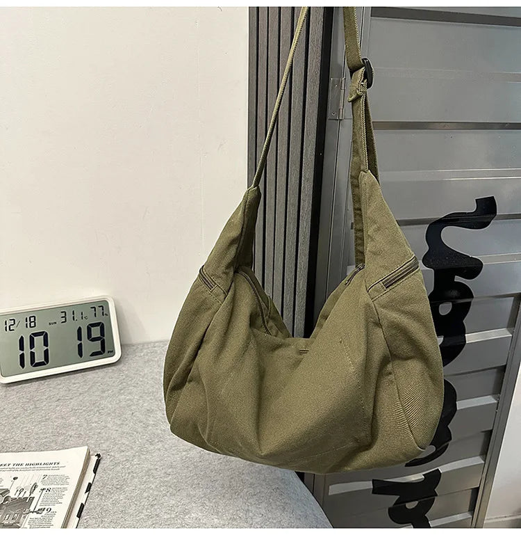 Cotton Canvas Crossbody Bag with Large Capacity