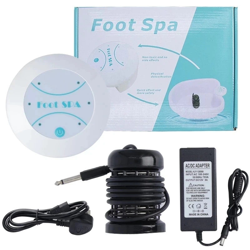 A white ionic foot spa device and an accompanying AC/DC adapter are shown on a box.